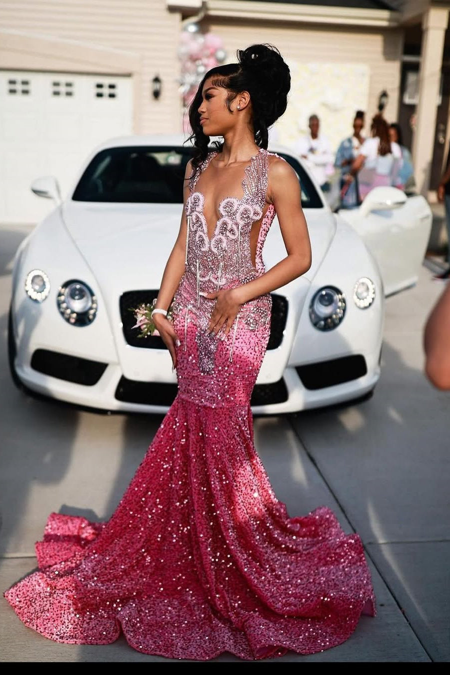 Pink V-neck Sparkle sequin Mermaid Court Train Prom Dresses Pink V-neck Sparkle sequin Mermaid Court Train Prom Dresses