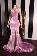 Pink Velvet Sweetheart Prom Dresses Elegant Side Slit Mermaid Long Evening Gowns-Ballbella
