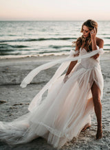 Pleated Tulle Off-The-Shoulder Chic A-line Wedding Dresses Split Front for the Summer Beach-Ballbella