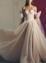 Pleated Tulle Off-The-Shoulder Chic A-line Wedding Dresses Split Front for the Summer Beach-Ballbella