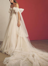 Pleated Tulle Off-The-Shoulder Chic A-line Wedding Dresses Split Front for the Summer Beach-Ballbella