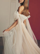 Pleated Tulle Off-The-Shoulder Chic A-line Wedding Dresses Split Front for the Summer Beach-Ballbella
