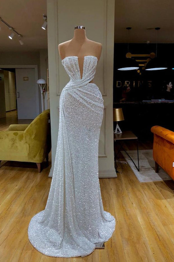 Plunging V-neck Sparkle White Sequined Strapless Prom Dress-Ballbella
