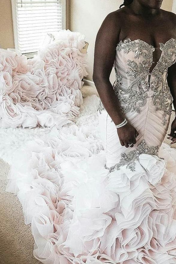 Plus Size Mermaid Crystal Lace Beads Sweetheart Long Train African Custom Made Ruffless Wedding Dresses