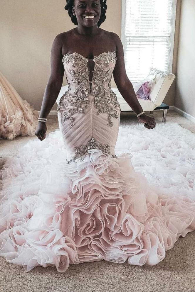 Plus Size Mermaid Crystal Lace Beads Sweetheart Long Train African Custom Made Ruffless Wedding Dresses Plus Size Mermaid Crystal Lace Beads Sweetheart Long Train African Custom Made Ruffless Wedding Dresses