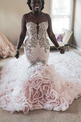 Plus Size Mermaid Crystal Lace Beads Sweetheart Long Train African Custom Made Ruffless Wedding Dresses-Ballbella