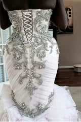 Plus Size Mermaid Crystal Lace Beads Sweetheart Long Train African Custom Made Ruffless Wedding Dresses-Ballbella