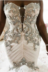 Plus Size Mermaid Crystal Lace Beads Sweetheart Long Train African Custom Made Ruffless Wedding Dresses-Ballbella