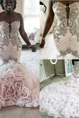 Plus Size Mermaid Crystal Lace Beads Sweetheart Long Train African Custom Made Ruffless Wedding Dresses-Ballbella