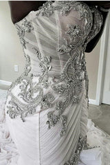 Plus Size Mermaid Crystal Lace Beads Sweetheart Long Train African Custom Made Ruffless Wedding Dresses-Ballbella