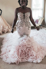 Plus Size Mermaid Crystal Lace Beads Sweetheart Long Train African Custom Made Ruffless Wedding Dresses-Ballbella