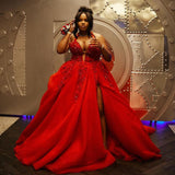 Plus Size Red Halter A-Line Tulle Side Slit Prom Dress with Beads-Ballbella