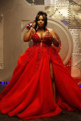 Plus Size Red Halter A-Line Tulle Side Slit Prom Dress with Beads-Ballbella