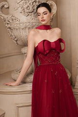 Popular Burgundy Strapless Tulle A-Line Prom Dresses Sleeveless Gem With Bow Knot Beadings-Ballbella