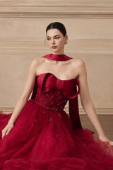 Popular Burgundy Strapless Tulle A-Line Prom Dresses Sleeveless Gem With Bow Knot Beadings-Ballbella