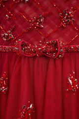 Popular Burgundy Strapless Tulle A-Line Prom Dresses Sleeveless Gem With Bow Knot Beadings-Ballbella