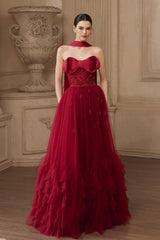 Popular Burgundy Strapless Tulle A-Line Prom Dresses Sleeveless Gem With Bow Knot Beadings-Ballbella