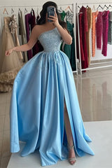 Popular Sky Blue One Shoulder Prom Dresses Sleeveless Sequins With High Slit Pearls-Ballbella
