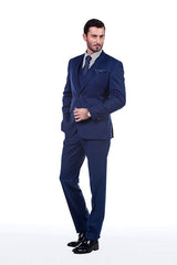 Premium Peak Lapel Navy Blue Three Piece Suits for Men with Double Breasted Vest-Ballbella