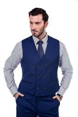Premium Peak Lapel Navy Blue Three Piece Suits for Men with Double Breasted Vest-Ballbella