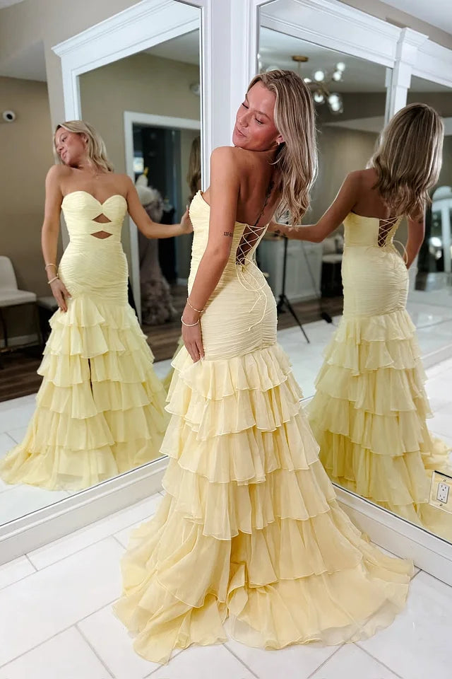 chinese dress ladies Pretty Daffodil Sweetheart Strapless Sleeveless Chiffon Prom Dress High Split with Lace-Up Back