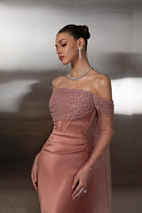 Pretty Dusty Rose Off-The-Shoulder Satin Prom Dress Mermaid Long Sleeves Beads With Ruffle-Ballbella