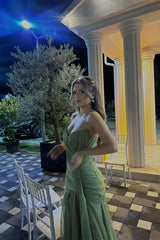 Pretty Moss Sweetheart Strapless Sleeveless Chiffon Prom Dresses Long Ruffle With Lace-Up Back-Ballbella
