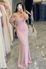 Pretty Pink Mermaid Off-The-Shoulder Satin Prom Dresses Sweetheart Sleeveless With Beads Pleats-Ballbella