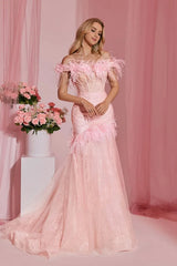 Pretty Pink Off-The-Shoulder Tulle Prom Dresses Sheath With Feather Pleats-Ballbella