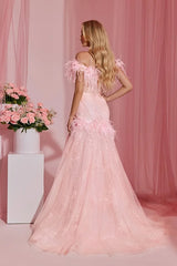 Pretty Pink Off-The-Shoulder Tulle Prom Dresses Sheath With Feather Pleats-Ballbella