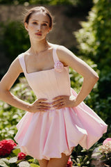 Pretty Pink Square Straps A-Line Satin Homecoming Dress Sleeveless Mini Lace-Up Back With Flower-Ballbella