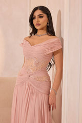 Pretty Pink V-Neck Off-The-Shoulder Chiffon Prom Dresses A-Line Beads With Pleats-Ballbella