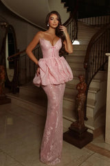 Pretty Pink V-Neck Strapless Sleeveless Lace Prom Dresses Two-Pieces Mermaid Online-Ballbella