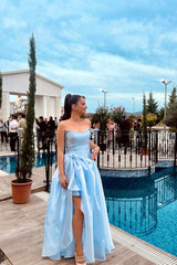 Pretty Sky Blue Strapless Sleeveless Prom Dresses Side Split Long With Pleats-Ballbella
