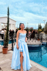 Pretty Sky Blue Strapless Sleeveless Prom Dresses Side Split Long With Pleats-Ballbella
