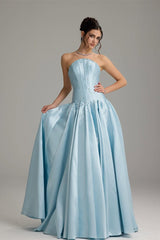 Pretty Sky Blue Strapless Sleeveless Satin Prom Dresses A-Line Beads With Pleats Zipper-Ballbella
