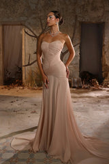 Pretty Sweetheart Strapless Sleeveless Chiffon Prom Dress A-Line Long With Pleats-Ballbella