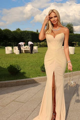 Pretty Sweetheart Strapless Sleeveless Prom Dresses Mermaid High Slit Backless With Pleats-Ballbella