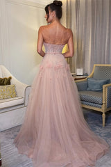 Pretty V-Neck Strapless Sleeveless Tulle Prom Dresses A-Line Beads With Lace-Up Back Flower-Ballbella