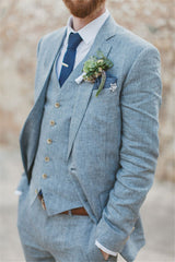 Pricey Summer Blue Linen Beach Wedding Suits Bespoke Men Casual Male Beach Groom Tuxedo-Ballbella