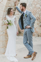 Pricey Summer Blue Linen Beach Wedding Suits Bespoke Men Casual Male Beach Groom Tuxedo-Ballbella