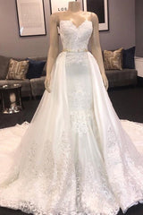 Princess White Sweetheart Mermaid Court Train Wedding Dresses-Ballbella