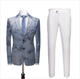 Printing Men Marriage Suits Blue Wedding Tuxedos with White Pants-Ballbella