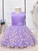 Purple Jewel Neck Cotton Tulle Sleeveless Short A-Line Embroidered Kids Party Dresses-Ballbella
