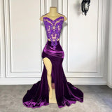 Purple Sleeveless Mermaid Prom Dress with Split Appliques-Ballbella
