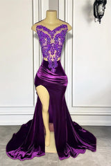 Purple Sleeveless Mermaid Prom Dress with Split Appliques-Ballbella