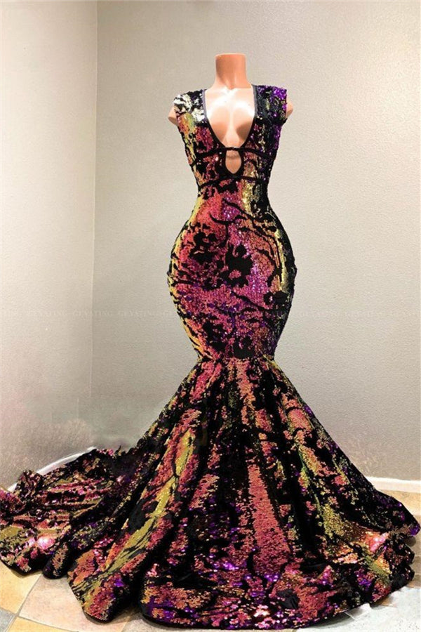 Radiant Sequins V-Neck Sleeveless Court Train Mermaid Prom Dresses Radiant Sequins V-Neck Sleeveless Court Train Mermaid Prom Dresses