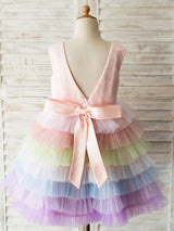 Rainbow Color Jewel Neck Tulle Sleeveless Short Princess Pearls Kids Social Party Dresses-Ballbella