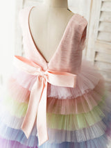 Rainbow Color Jewel Neck Tulle Sleeveless Short Princess Pearls Kids Social Party Dresses-Ballbella