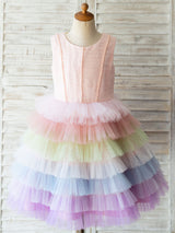 Rainbow Color Jewel Neck Tulle Sleeveless Short Princess Pearls Kids Social Party Dresses-Ballbella